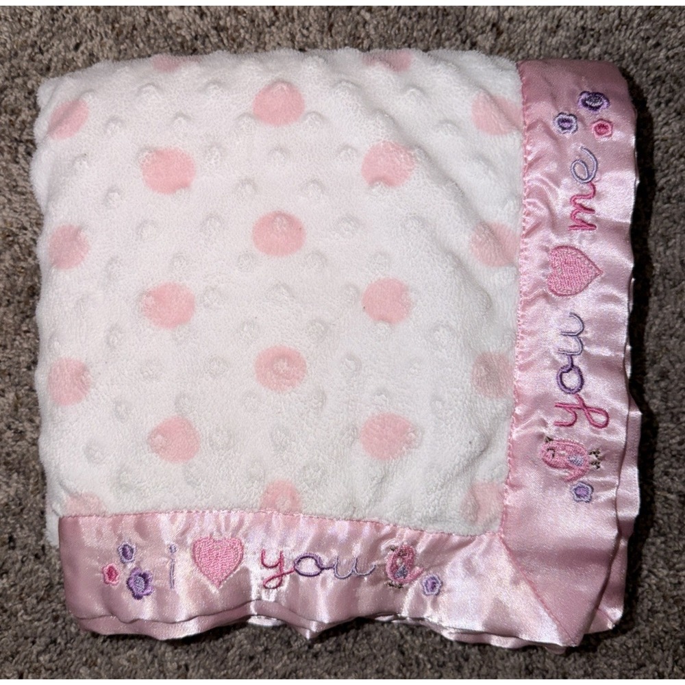 Just Born I Love You Pink And White Bird Flower Minky Dot Satin Baby Blanket